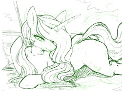 Size: 1280x960 | Tagged: safe, artist:30clock, princess celestia, alicorn, pony, semi-anthro, g4, bedroom eyes, female, hair over one eye, looking at you, mare, monochrome, sketch, solo, wingless
