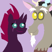 Size: 170x170 | Tagged: safe, artist:spyro-for-life, discord, tempest shadow, pony, g4, bust, eye scar, female, male, pointy ponies, purple background, scar, shipping, simple background, smiling, straight, tempestcord