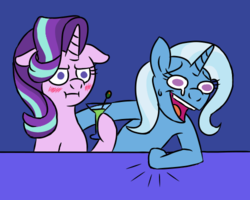 Size: 500x400 | Tagged: safe, artist:spyro-for-life, starlight glimmer, trixie, pony, unicorn, fanfic:the roasting of starlight glimmer, g4, blushing, cocktail, cocktail glass, crying, duo, fanfic art, female, hoof hold, i mean i see, laughing, mare, meme, tears of laughter, wheeze