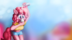 Size: 1920x1080 | Tagged: safe, artist:stann.co, pinkie pie, earth pony, anthro, g4, belly button, clothes, cream, cupcake, digital art, food, midriff, muffin, painting, photoshop, pie, pinup, short shirt, shorts, sugarcube corner, wallpaper, whipped