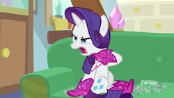 Size: 1920x1080 | Tagged: safe, screencap, rarity, pony, unicorn, g4, the end in friend, boots, couch, female, glitter, glitter boots, mare, open mouth, shoes, solo, starlight's office