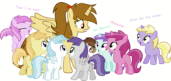 Size: 2001x956 | Tagged: safe, artist:sovfleetfoot, edit, vector edit, cotton cloudy, dinky hooves, liza doolots, noi, petunia, pipsqueak, piña colada, ruby pinch, tootsie flute, tornado bolt, oc, oc:katya ironstar, alicorn, earth pony, pegasus, pony, unicorn, g4, blank flank, colt, female, filly, foal, group, male, mare, oh no, ponytail, simple background, vector, white background