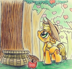 Size: 1297x1242 | Tagged: source needed, safe, artist:smirk, applejack, g4, apple, apple tree, basket, cowboy hat, cute, female, filly, food, hat, looking up, traditional art, tree