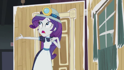 Size: 1280x720 | Tagged: safe, screencap, rarity, equestria girls, equestria girls series, g4, opening night, clothes, costume, female, helmet, marshmelodrama, mining helmet, rarity being rarity, selfie soot, solo