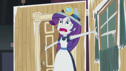 Size: 1280x720 | Tagged: safe, screencap, rarity, equestria girls, g4, my little pony equestria girls: better together, opening night, clothes, costume, female, helmet, marshmelodrama, mining helmet, rarity being rarity, selfie soot, solo
