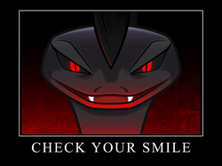 Size: 1063x797 | Tagged: safe, artist:culu-bluebeaver, oc, oc only, oc:plague, comic:the six-winged serpent, evil, evil smile, fangs, grin, looking at you, nightmare fuel, oc villain, open mouth, smiling, staring into your soul