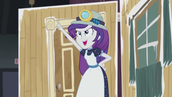 Size: 1280x720 | Tagged: safe, screencap, rarity, equestria girls, g4, my little pony equestria girls: better together, opening night, clothes, costume, disco dance, female, hat, headlamp, helmet, mining helmet, selfie soot, solo