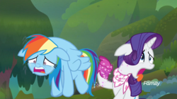 Size: 1920x1080 | Tagged: safe, screencap, rainbow dash, rarity, pegasus, pony, unicorn, g4, the end in friend, boots, crying, duo, female, floppy ears, flying, glitter boots, mare, neckerchief, open mouth, shoes, tongue out