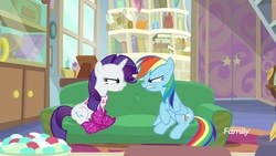 Size: 1920x1080 | Tagged: safe, screencap, rainbow dash, rarity, pegasus, pony, unicorn, g4, the end in friend, angry, boots, couch, duo, female, glitter boots, looking at each other, mare, neckerchief, shoes, starlight's office