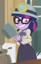 Size: 443x696 | Tagged: safe, screencap, sci-twi, twilight sparkle, equestria girls, g4, my little pony equestria girls: better together, opening night, clothes, costume, cropped, female, grin, nervous, nervous smile, pot, smiling, solo
