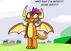 Size: 1400x1000 | Tagged: safe, artist:zouyugi, gallus, ocellus, sandbar, silverstream, smolder, yona, classical hippogriff, dragon, griffon, hippogriff, g4, angry, blushing, cute, dialogue, dragoness, female, hiding, i'm not cute, smolderbetes, smoldere, student six, this will end in pain, tsundere, upset