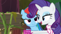 Size: 1920x1080 | Tagged: safe, screencap, rainbow dash, rarity, pegasus, pony, unicorn, g4, the end in friend, bedroom eyes, boots, duo, female, glitter boots, mare, neckerchief, open mouth, shipping fuel, shoes