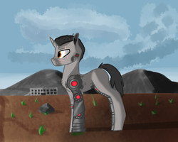 Size: 2500x2000 | Tagged: safe, artist:endelthepegasus, oc, oc only, cyborg, pony, unicorn, building, high res, male, mountain, solo
