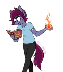 Size: 535x614 | Tagged: safe, artist:redxbacon, oc, oc only, oc:blazing heart, earth pony, anthro, anthro oc, book, clothes, female, fire, mare, pants, shirt, simple background, solo, spellbook, sweat, tongue out, white background