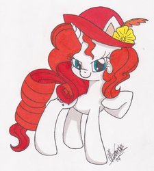 Size: 800x887 | Tagged: safe, artist:rhythm-is-best-pony, oc, oc only, oc:sierra brightheart, pony, unicorn, bio in description, female, hat, looking at you, mare, signature, simple background, solo, traditional art, white background