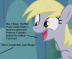 Size: 891x729 | Tagged: safe, edit, edited screencap, editor:korora, screencap, derpy hooves, g4, slice of life (episode), cropped, cute, derpabetes, equestria's best mother, happy, implied chirpy, implied dinky, text