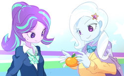 Size: 871x537 | Tagged: safe, artist:七目読, starlight glimmer, trixie, equestria girls, g4, bowtie, clothes, female, food, orange