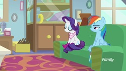 Size: 1920x1080 | Tagged: safe, screencap, rainbow dash, rarity, pony, g4, the end in friend, boots, couch, glitter boots, shoes