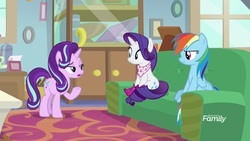 Size: 1920x1080 | Tagged: safe, screencap, rainbow dash, rarity, starlight glimmer, pegasus, pony, unicorn, g4, the end in friend, bandana, boots, clothes, couch, discovery family, discovery family logo, female, glitter boots, logo, mare, shoes, sitting, starlight's office, trio