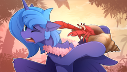 Size: 2100x1191 | Tagged: safe, artist:yakovlev-vad, princess luna, alicorn, crab, pony, adorable distress, bubble, conch, cute, facial hair, female, flower, flower necklace, hermit crab, lei, lunabetes, mare, moustache, one eye closed, open mouth, pinch, pipe, s1 luna, solo, tree