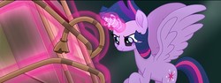 Size: 1280x479 | Tagged: safe, screencap, twilight sparkle, alicorn, pony, g4, my little pony: the movie, female, glowing horn, horn, mare, rope, solo, spread wings, twilight sparkle (alicorn), wings