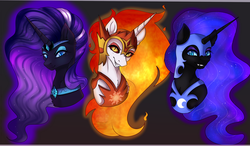 Size: 3157x1849 | Tagged: dead source, safe, artist:kao-chou, daybreaker, nightmare moon, nightmare rarity, pony, g4, bust, female, looking at you, mare