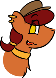 Size: 562x791 | Tagged: safe, artist:orbitalaerospace, derpibooru exclusive, oc, oc only, oc:brass bolts, pony, unicorn, bust, daybreak island, ear piercing, earring, female, hairband, hat, jewelry, mare, necklace, piercing, simple background, smiling, snaggletooth, solo, transparent background