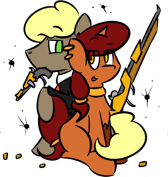 Size: 949x1000 | Tagged: safe, artist:orbitalaerospace, derpibooru exclusive, oc, oc only, oc:brass bolts, oc:perseus, earth pony, pony, unicorn, brasseus, bullet, bullet hole, clothes, daybreak island, duo, ear piercing, earring, female, gun, hairband, handgun, jewelry, male, mare, necklace, piercing, rifle, shipping, simple background, smiling, stallion, straight, suit, transparent background, weapon