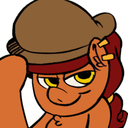 Size: 400x400 | Tagged: safe, artist:mattdrawstoons, derpibooru exclusive, oc, oc only, oc:brass bolts, pony, unicorn, bust, colored, daybreak island, ear piercing, earring, female, hairband, hat, icon, jewelry, mare, piercing, simple background, smiling, solo, tips fedora, transparent background