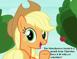 Size: 567x441 | Tagged: safe, edit, edited screencap, editor:korora, screencap, applejack, g4, non-compete clause, apple, apple tree, applejack's hat, bronybait, cowboy hat, cropped, cute, food, hat, invitation, jackabetes, text, tree