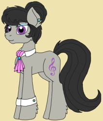 Size: 1296x1520 | Tagged: safe, artist:rosefang16, octavia melody, earth pony, pony, g4, alternate hairstyle, chest fluff, ear piercing, earring, female, jewelry, mare, necktie, piercing, simple background, solo, yellow background