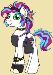 Size: 738x1032 | Tagged: safe, artist:rosefang16, oc, oc only, oc:cake pop, earth pony, pony, clothes, ear piercing, earring, female, jewelry, mare, piercing, simple background, solo, traditional art, vest, yellow background