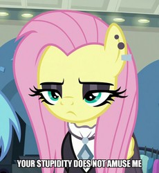 Size: 849x923 | Tagged: safe, edit, edited screencap, screencap, fluttershy, pegasus, pony, fake it 'til you make it, 4chan, amused, clothes, ear piercing, earring, emo, eyeshadow, female, fluttergoth, fluttershy is not amused, gauges, goth, jewelry, lashes, lights, makeup, mare, necklace, piercing, store, stupid people, stupidity, suit, unamused, yellow