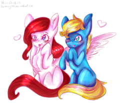 Size: 3590x2962 | Tagged: safe, artist:harmony134, oc, oc only, oc:harmony (harmony134), earth pony, pegasus, pony, blushing, female, heart, high res, male, mare, signature, simple background, smiling, stallion, transparent background