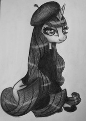 Size: 2823x3981 | Tagged: safe, artist:stormystica, rarity, pony, unicorn, g4, clothes, female, grayscale, high res, mare, monochrome, solo, sweater, traditional art