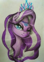 Size: 2944x4124 | Tagged: dead source, safe, artist:stormystica, diamond tiara, earth pony, pony, g4, female, filly, jewelry, one eye closed, solo, tiara, traditional art, wink