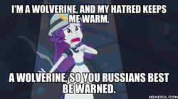 Size: 600x337 | Tagged: safe, edit, edited screencap, screencap, rarity, equestria girls, g4, my little pony equestria girls: better together, opening night, family guy, helmet, image macro, male, meme, memeful.com, mining, mining helmet, selfie soot