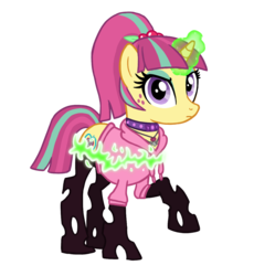 Size: 1089x1183 | Tagged: safe, artist:flipwix, sour sweet, changeling, pony, unicorn, g4, changelingified, choker, clothes, commission, disguise, disguised changeling, equestria girls ponified, eyeshadow, female, glowing horn, hoodie, horn, jewelry, makeup, mare, necklace, ponified, simple background, solo, species swap, spiked choker, transformation, transparent background