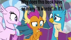 Size: 1280x720 | Tagged: safe, edit, edited screencap, screencap, gallus, silverstream, smolder, dragon, griffon, hippogriff, g4, the end in friend, book, female, notebook, racism, text, that's racist