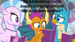 Size: 1280x720 | Tagged: safe, edit, edited screencap, screencap, gallus, silverstream, smolder, dragon, griffon, hippogriff, g4, the end in friend, notebook, raised eyebrow, text