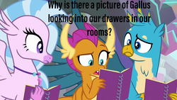 Size: 1280x720 | Tagged: safe, edit, edited screencap, screencap, gallus, silverstream, smolder, classical hippogriff, dragon, griffon, hippogriff, g4, the end in friend, female, male, notebook, pervert, text, we don't normally wear clothes