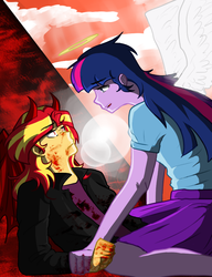 Size: 796x1036 | Tagged: safe, artist:persy-v, sunset shimmer, twilight sparkle, angel, devil, equestria girls, g4, blood, devil horns, female, halo, lesbian, looking at each other, red eyes, sad, ship:sunsetsparkle, shipping, wings