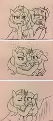Size: 1024x2337 | Tagged: safe, artist:fallenangel5414, sunset shimmer, twilight sparkle, alicorn, pony, g4, comic, cute, eyes closed, female, kissing, lesbian, looking at each other, nervous, ship:sunsetsparkle, shipping, surprise kiss, traditional art, twiabetes, twilight sparkle (alicorn)