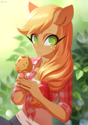 Size: 905x1280 | Tagged: safe, artist:glorious-rarien, applejack, earth pony, anthro, g4, caramel apple (food), female, freckles, front knot midriff, hair ribbon, looking at you, mare, midriff, plaid shirt, rolled up sleeves, solo