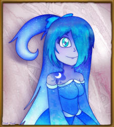 Size: 1203x1338 | Tagged: safe, artist:natt-tenshi, princess luna, human, g4, clothes, dress, female, hair over one eye, humanized, signature, smiling, solo