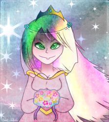 Size: 1086x1218 | Tagged: safe, artist:natt-tenshi, princess cadance, queen chrysalis, human, g4, clothes, dress, female, humanized, looking at you, smiling, solo