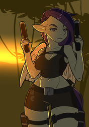 Size: 2480x3508 | Tagged: safe, artist:blueseidon, oc, oc only, oc:lilith kamaria, pegasus, anthro, belly button, clothes, cosplay, costume, dual pistols, dual wield, female, floppy ears, frown, gun, handgun, high res, mare, midriff, pistol, tomb raider, weapon, ych result