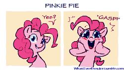 Size: 500x281 | Tagged: safe, artist:whateverbender, pinkie pie, earth pony, pony, g4, animated, blushing, context in source, cropcon, cropped, cute, dialogue, diapinkes, explicit source, female, frame by frame, happy, smiling, solo, squigglevision, starry eyes, wingding eyes