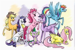 Size: 1782x1200 | Tagged: safe, artist:pedantia, applejack, fluttershy, pinkie pie, rainbow dash, rarity, spike, twilight sparkle, alicorn, classical unicorn, dragon, earth pony, pegasus, pony, unicorn, g4, abstract background, cloven hooves, colored hooves, female, horn, laughing, leonine tail, mane seven, mane six, mane six opening poses, mare, phoebe and her unicorn, style emulation, twilight sparkle (alicorn), unshorn fetlocks