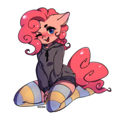 Size: 5209x5473 | Tagged: safe, artist:yukomaussi, pinkie pie, earth pony, anthro, unguligrade anthro, g4, absurd resolution, clothes, female, hoodie, one eye closed, simple background, smiling, socks, solo, stockings, striped socks, thigh highs, transparent background, wink